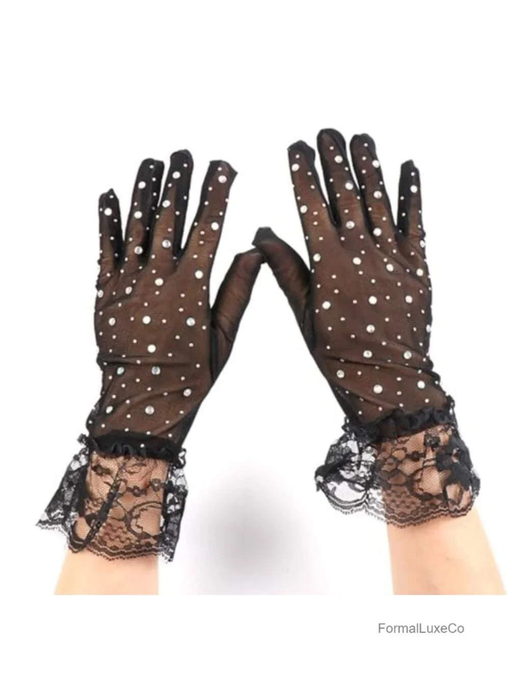 Vintage Lace Mesh Sheer Gloves with Rhinestones for Wedding Party Halloween